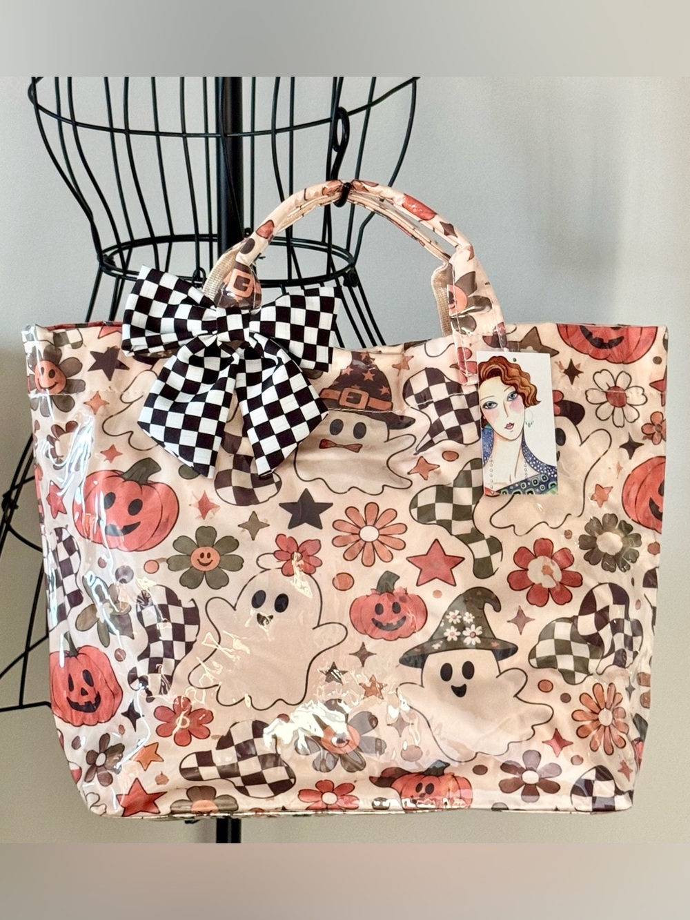 New Halloween Ghosts & Flowers Checkered PVC Handbag Purse Tote Bag w/ Bow